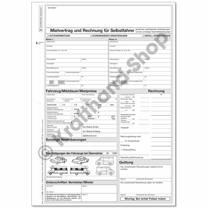 Formular Mietvertrag für Selbstfahrer