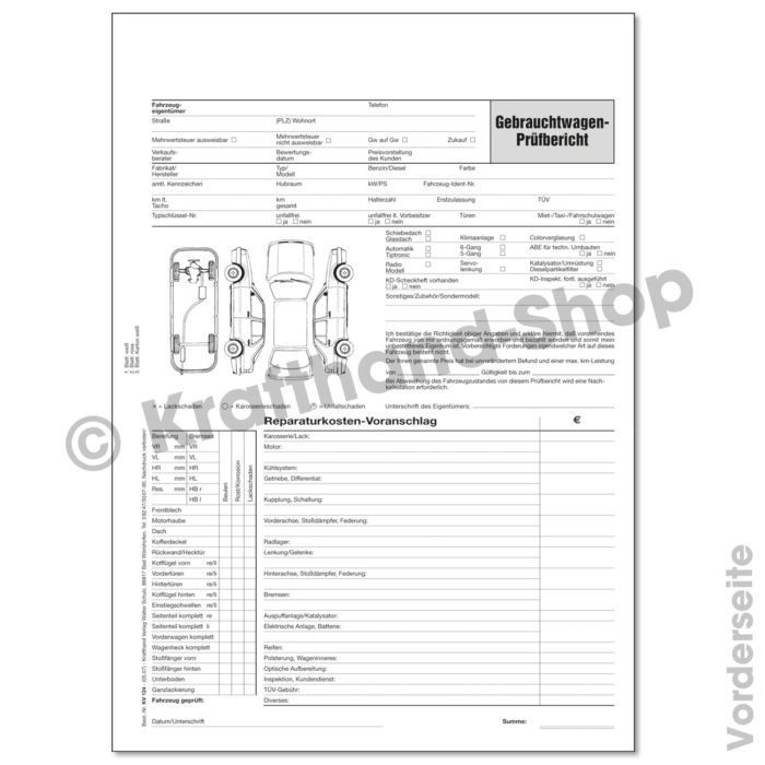 Wertberichtsformular für Gebrauchtwagen Vorderseite