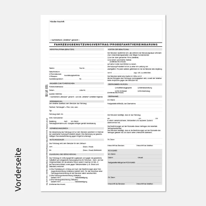 Formular Fahrzeugbenutzungsvertrag / Probefahrvereinbarung Vorderseite