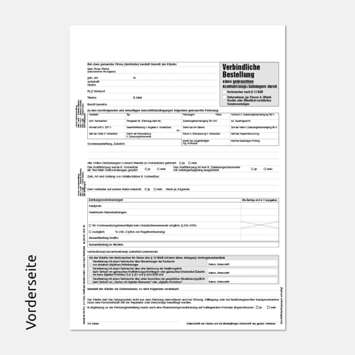 Formular Gebrauchtwagenbestellung ohne Garantie Vorderseite