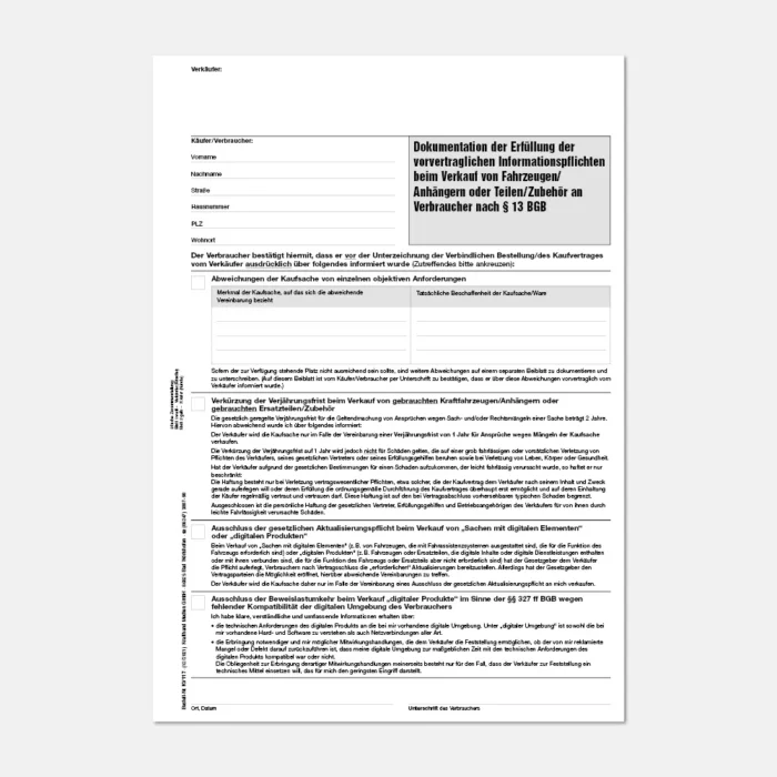 Formular Dokumentation Erfüllung der vorvertraglichen Informationspflichten beim Verkauf von Fahrzeugen