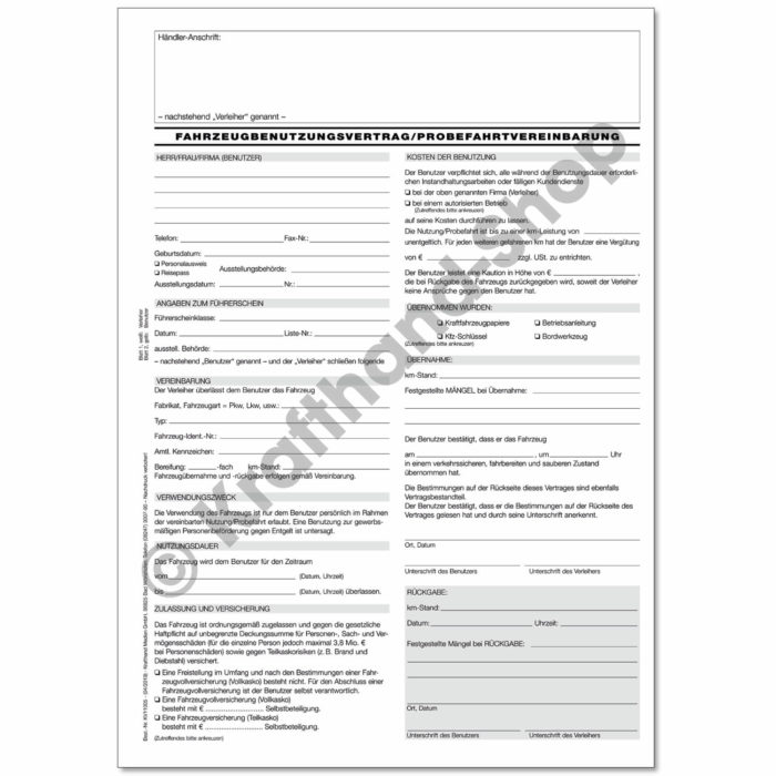 Formular Fahrzeugbenutzungsvertrag / Probefahrvereinbarung