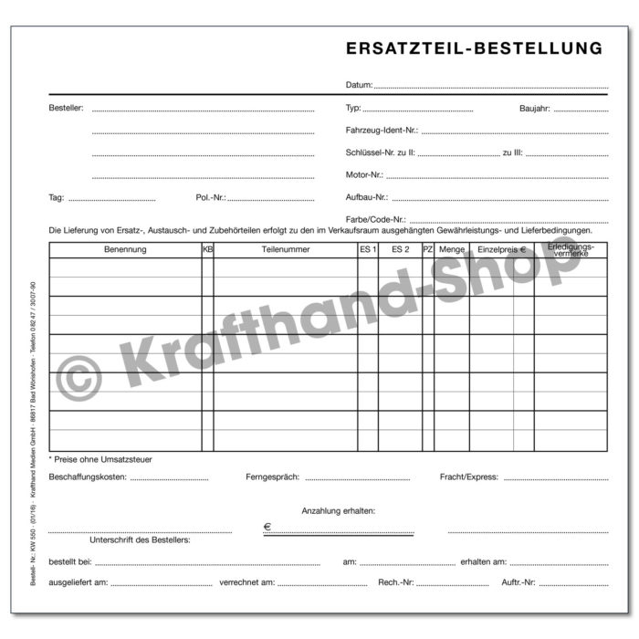 Ersatzteilbestellung Formular 2/3 DIN A4 selbstdurchschreibend