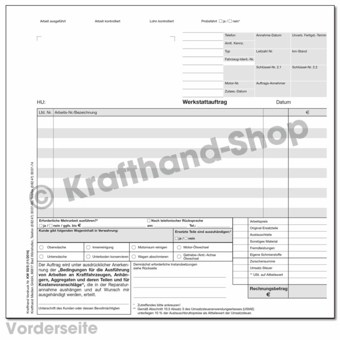 Werkstattauftragskarte 2/3 DIN A4 als Block Vorderseite