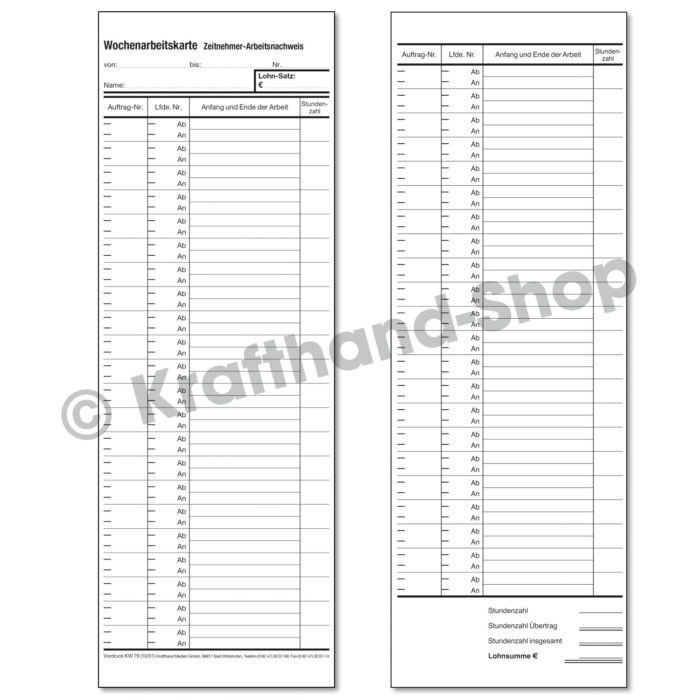 Wochenarbeitskarte Kfz-Werkstatt