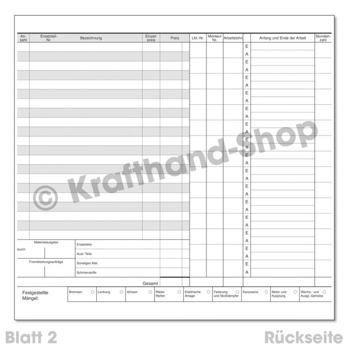 Werkstattauftragskarte 2/3 DIN A4 Rückseite