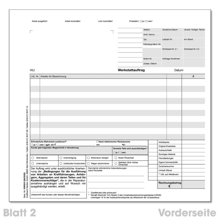 Werkstattauftragskarte 2/3 DIN A4 Vorderseite Blatt 2