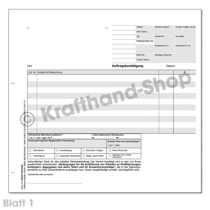 Werkstattauftragskarte 2/3 DIN A4 Vorderseite Blatt 1