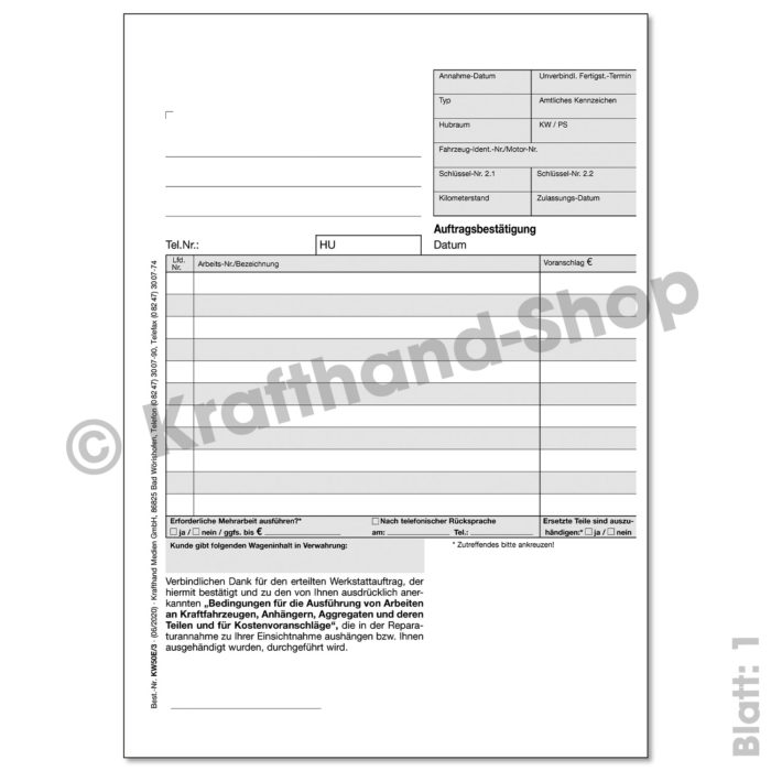 Werkstattauftragskarte DIN A5, 2-fach, Vorderseite 1
