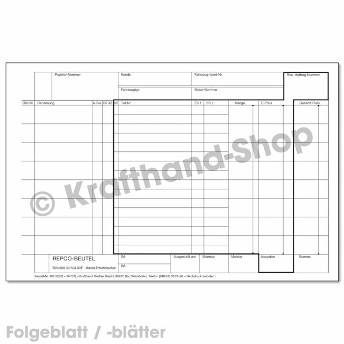 Materialentnahmeschein 2-fach durchschreibend Folgeseiten