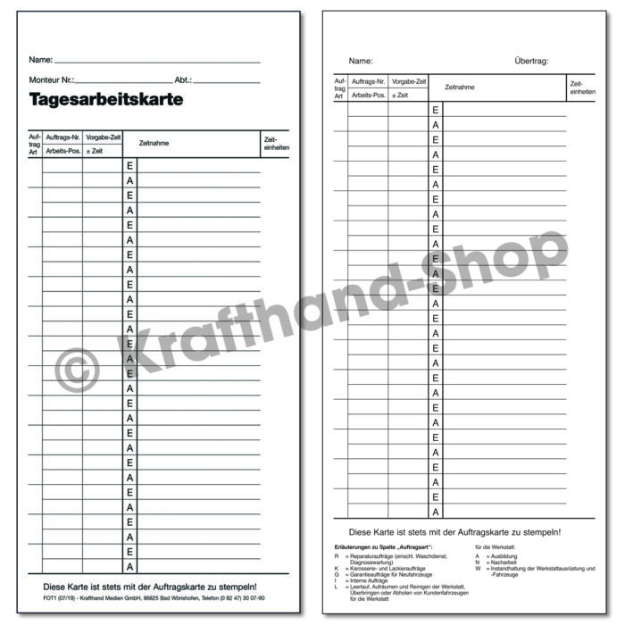 Tagesarbeitskarte Kfz-Werkstatt 2-seitig