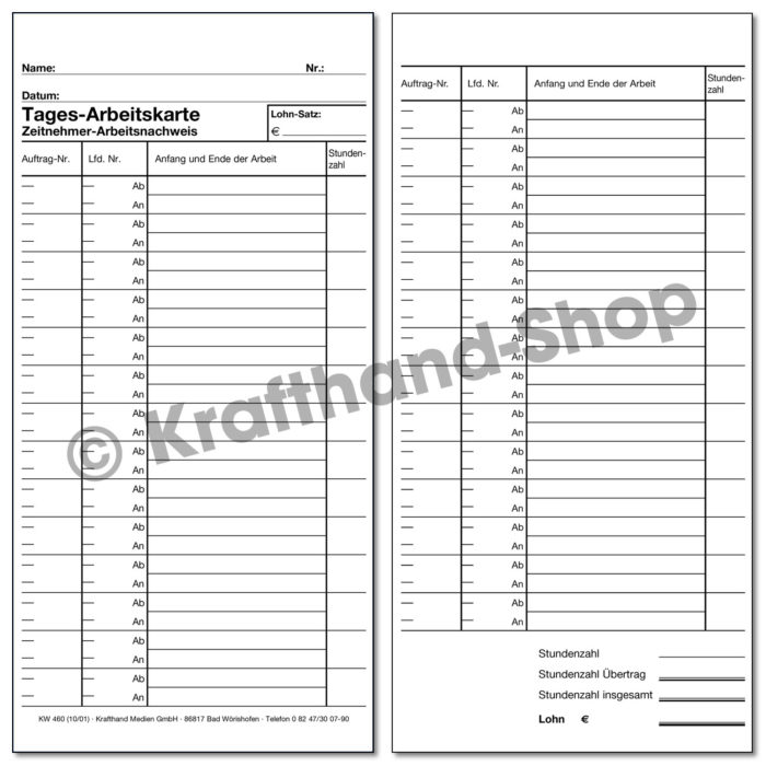 Tagesarbeitskarte Kfz-Werkstatt 2-seitig
