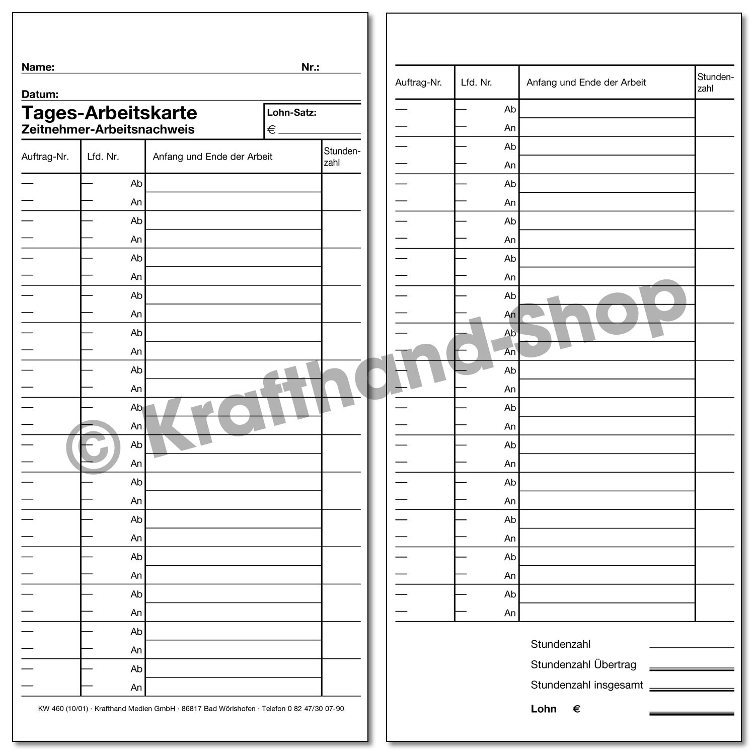 Tagesarbeitskarte Kfz-Werkstatt 2-seitig