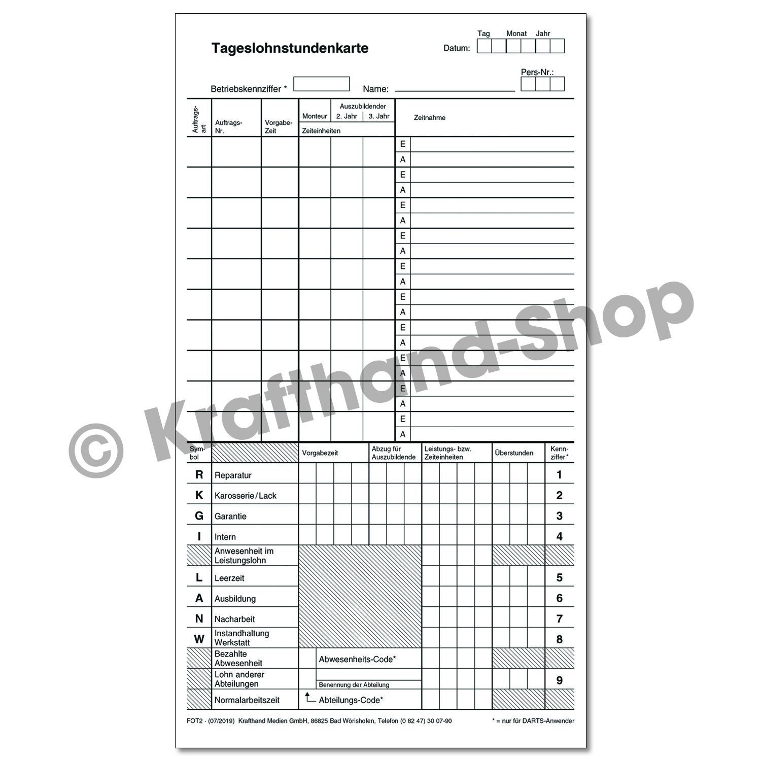 Tageslohnstundenkarte Kfz-Werkstatt