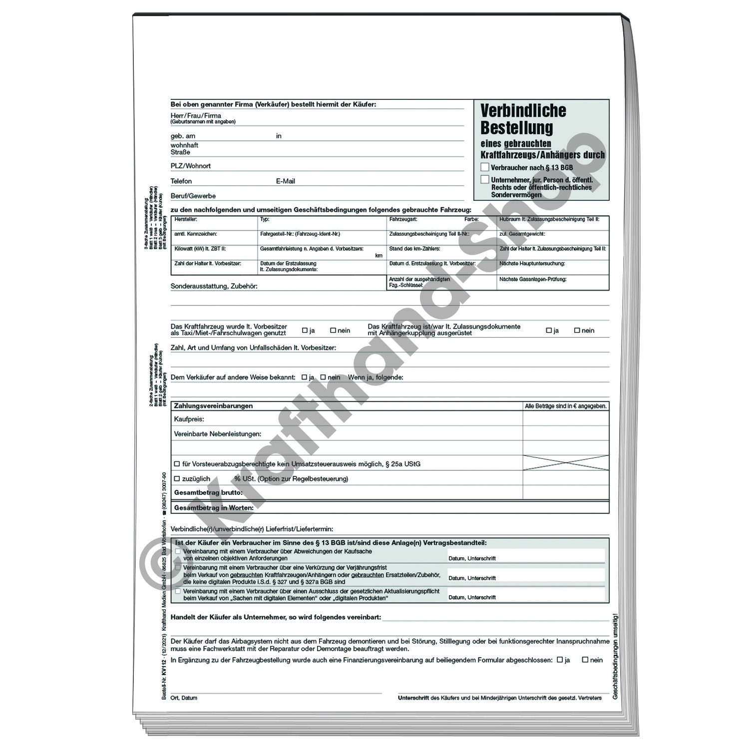 Verbindliche Bestellung Eines Gebrauchten Kraftfahrzeuges Formular Digitale Formulare - PDF - Krafthand Shop