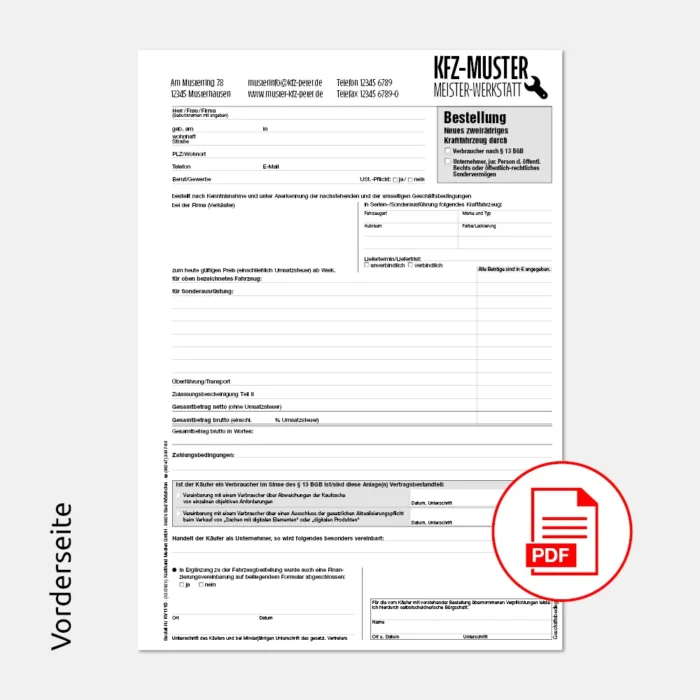 PDF Bestellung Zweirad mit Bedingungen und Firmeneindruck Vorderseite