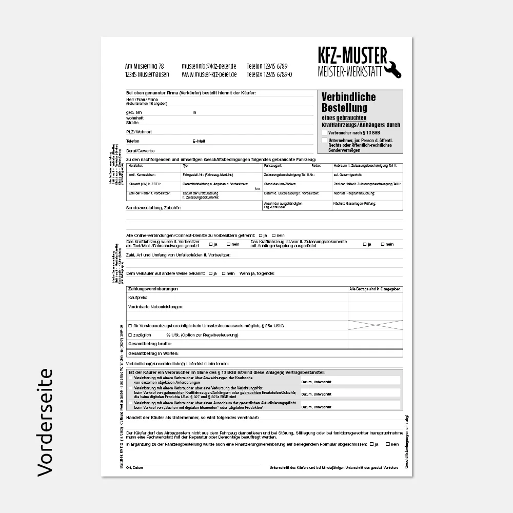 Formular Gebrauchtwagenbestellung ohne Garantie mit Firmeneindruck Vorderseite