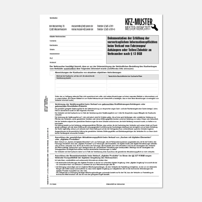 Formular Dokumentation Erfüllung der vorvertraglichen Informationspflichten beim Verkauf von Fahrzeugen mit Firmeneindruck