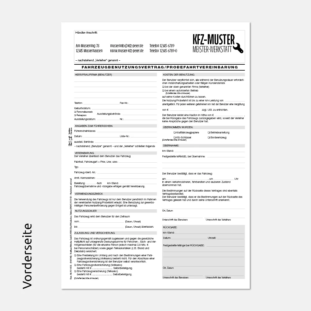 Formular Fahrzeugbenutzungsvertrag / Probefahrvereinbarung mit Firmeneindruck Vorderseite