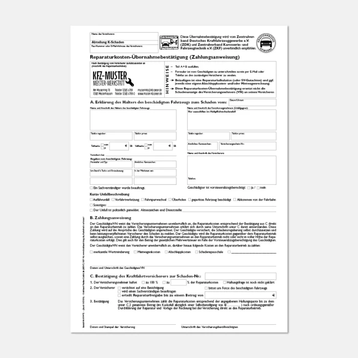 Formular Reparaturkostenübernahmebestätigung 06/2025 mit Firmeneindruck