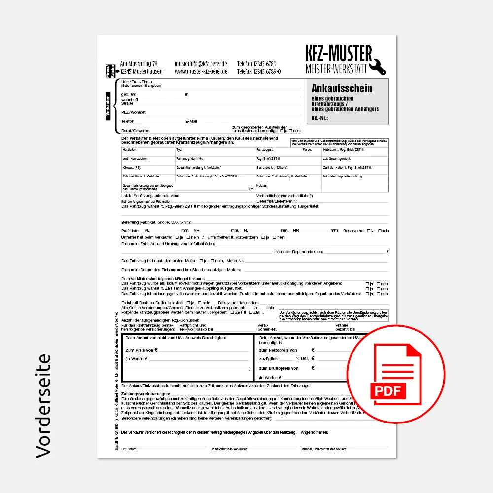 PDF Gebrauchtwagen Ankaufsschein mit Firmeneindruck Vorderseite