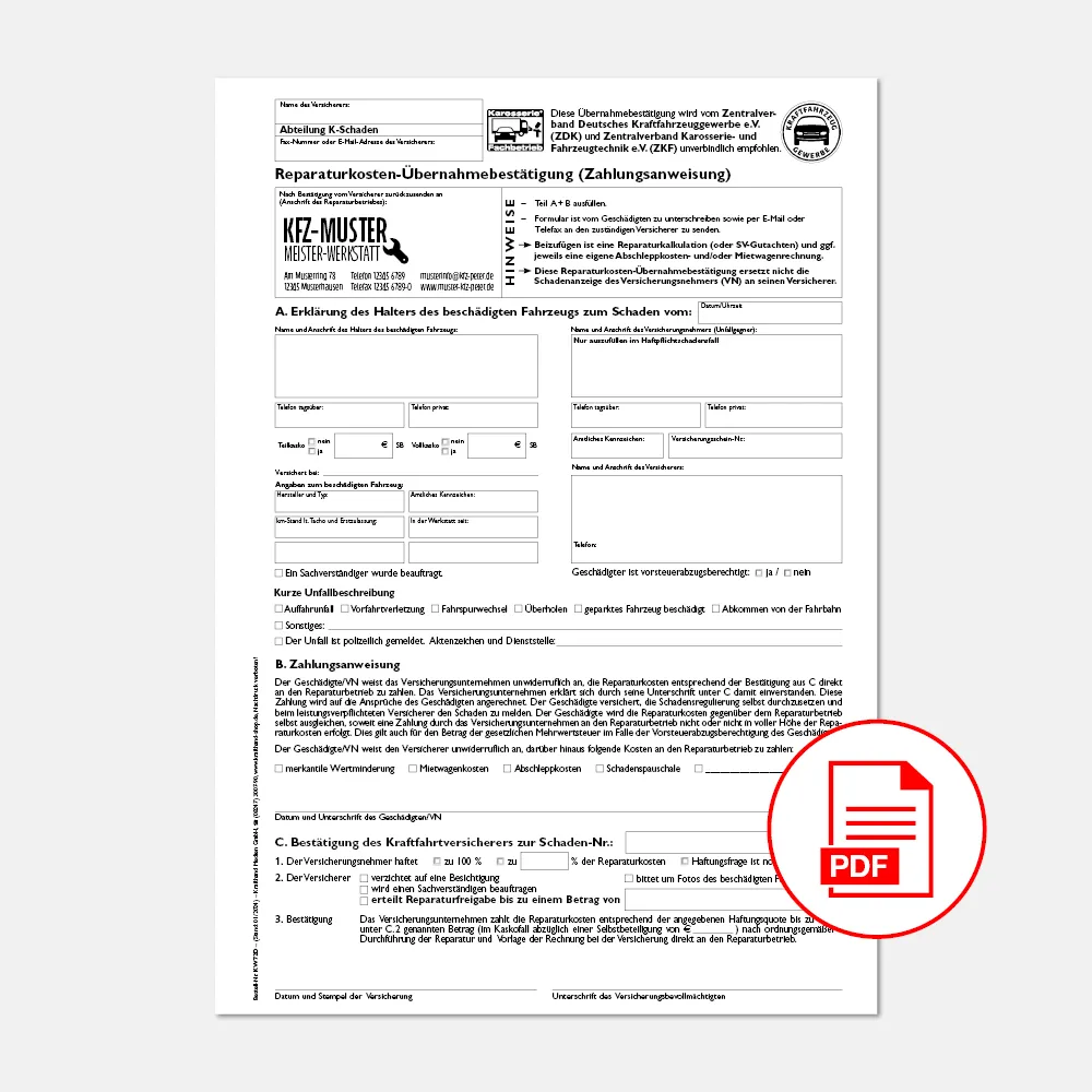 PDF Reparaturkostenübernahmebestätigung 06/2025 mit Firmeneindruck