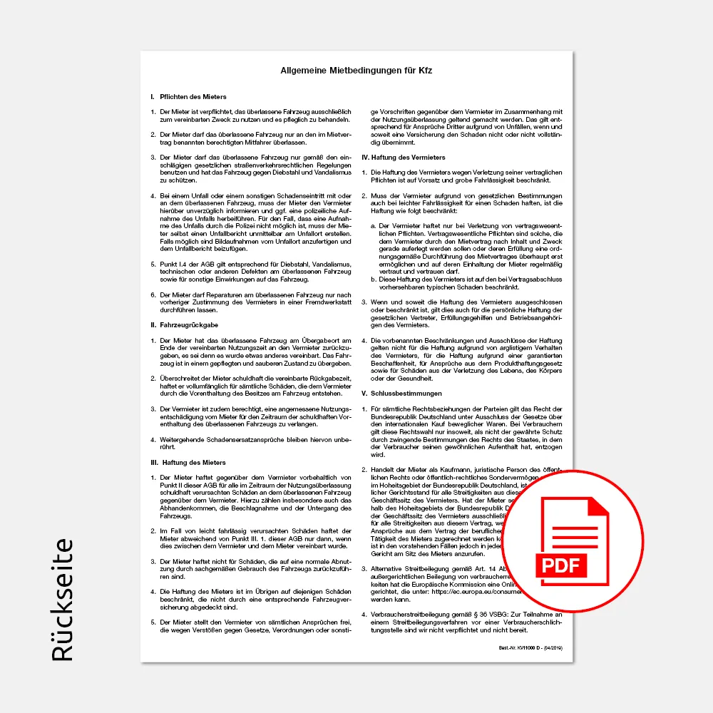 PDF Mietvertrag für Selbstfahrer mit Firmeneindruck Rückseite
