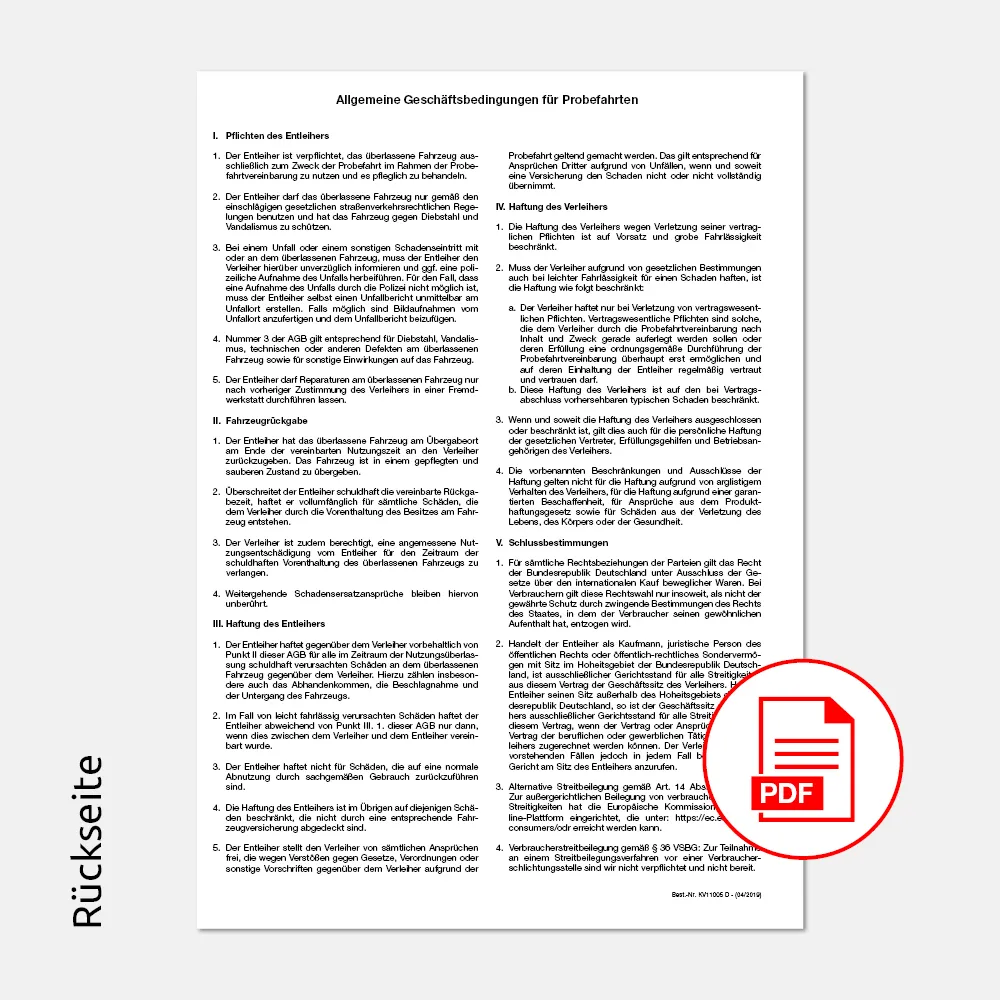 PDF Fahrzeugbenutzungsvertrag / Probefahrvereinbarung mit Firmeneindruck Rückseite