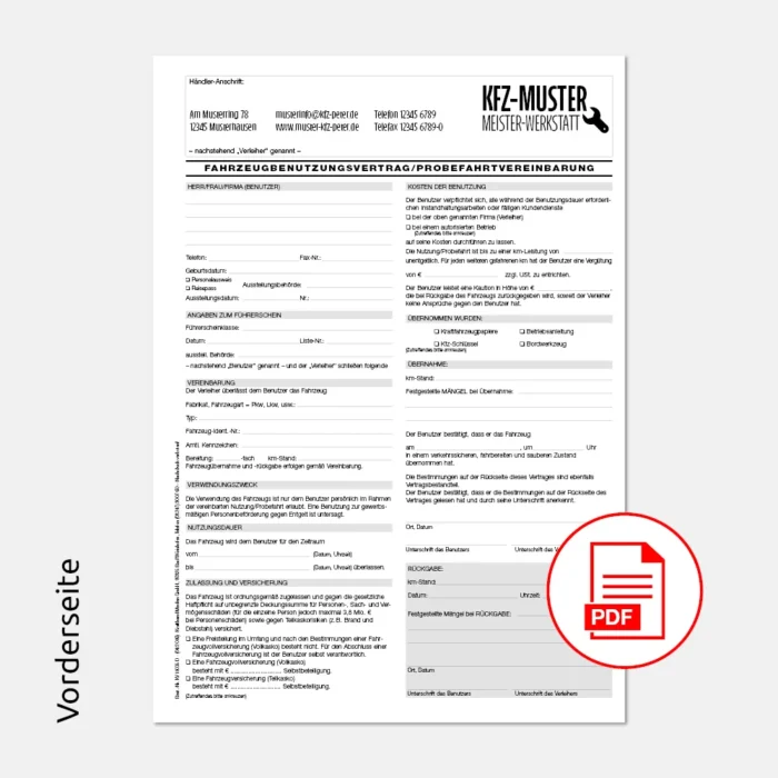 PDF Fahrzeugbenutzungsvertrag / Probefahrvereinbarung mit Firmeneindruck Vorderseite